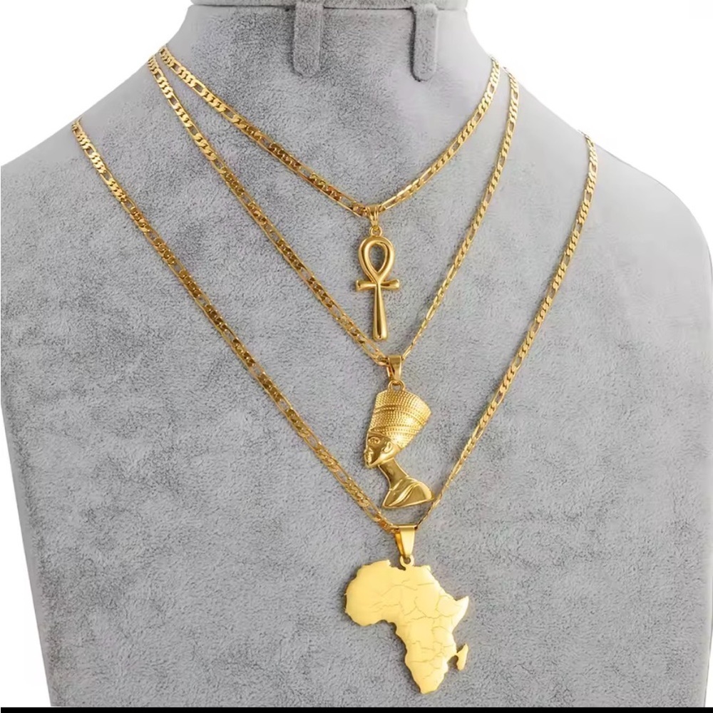 3 piece Gold Layered Necklace Set with Africa Pendant Nefertiti and ankh